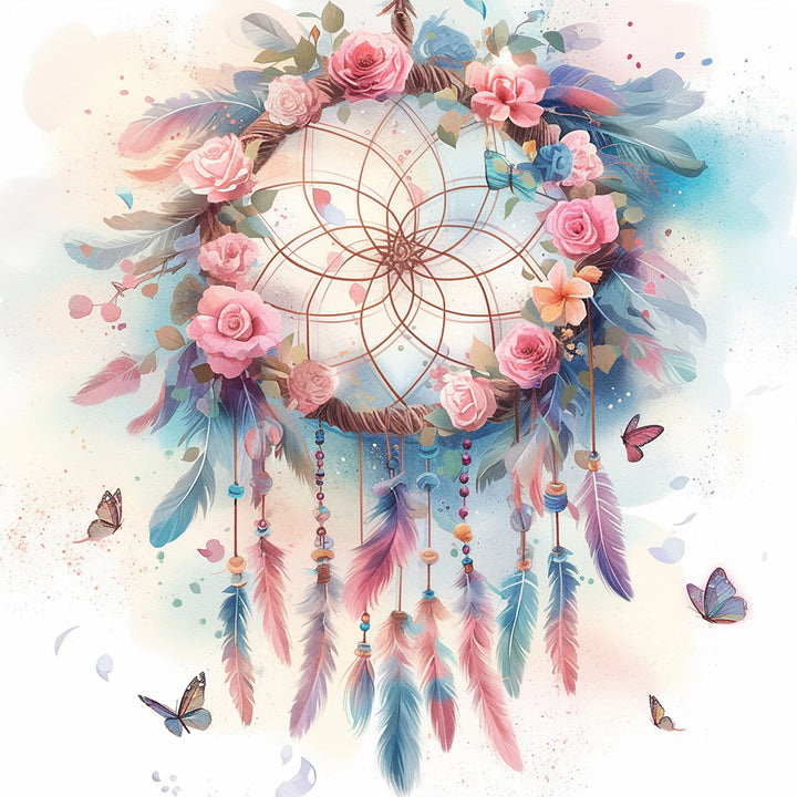 Zachte Dromenvanger met Bloemenkrans en Hangende Veren Diamond Painting