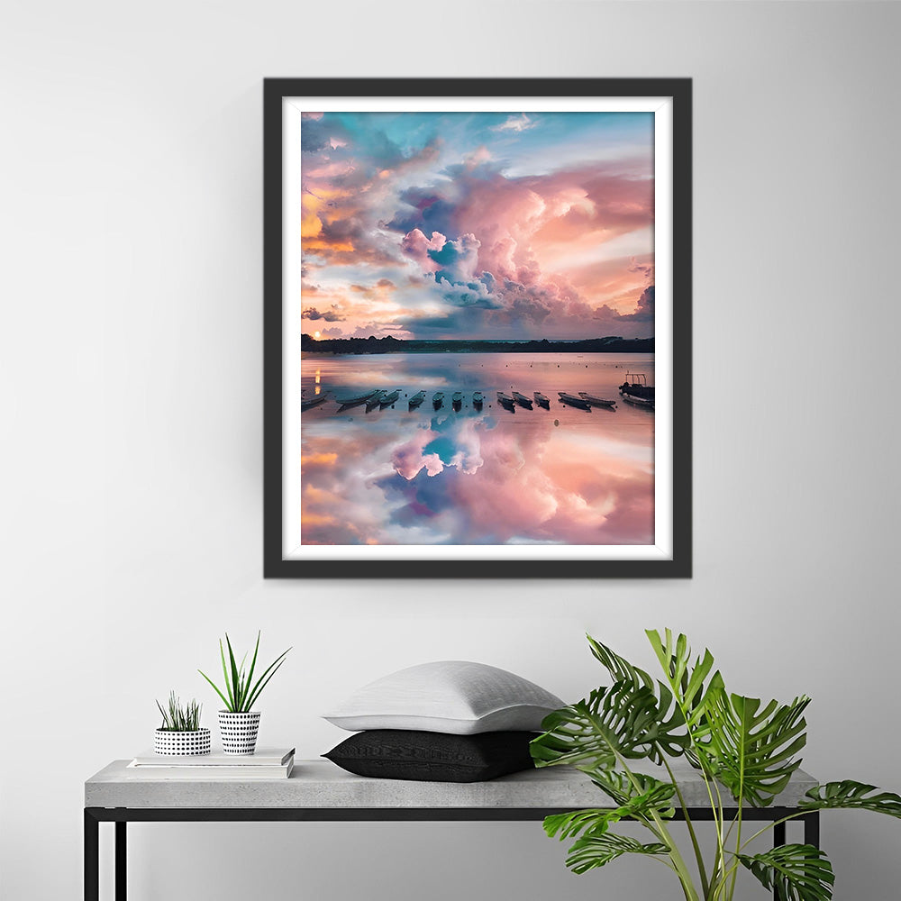 Zee en Boten onder Roze Wolken Diamond Painting
