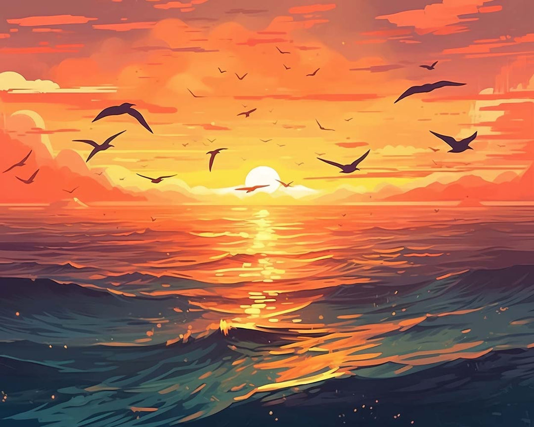 Zonsondergang en Meeuwen Diamond Painting