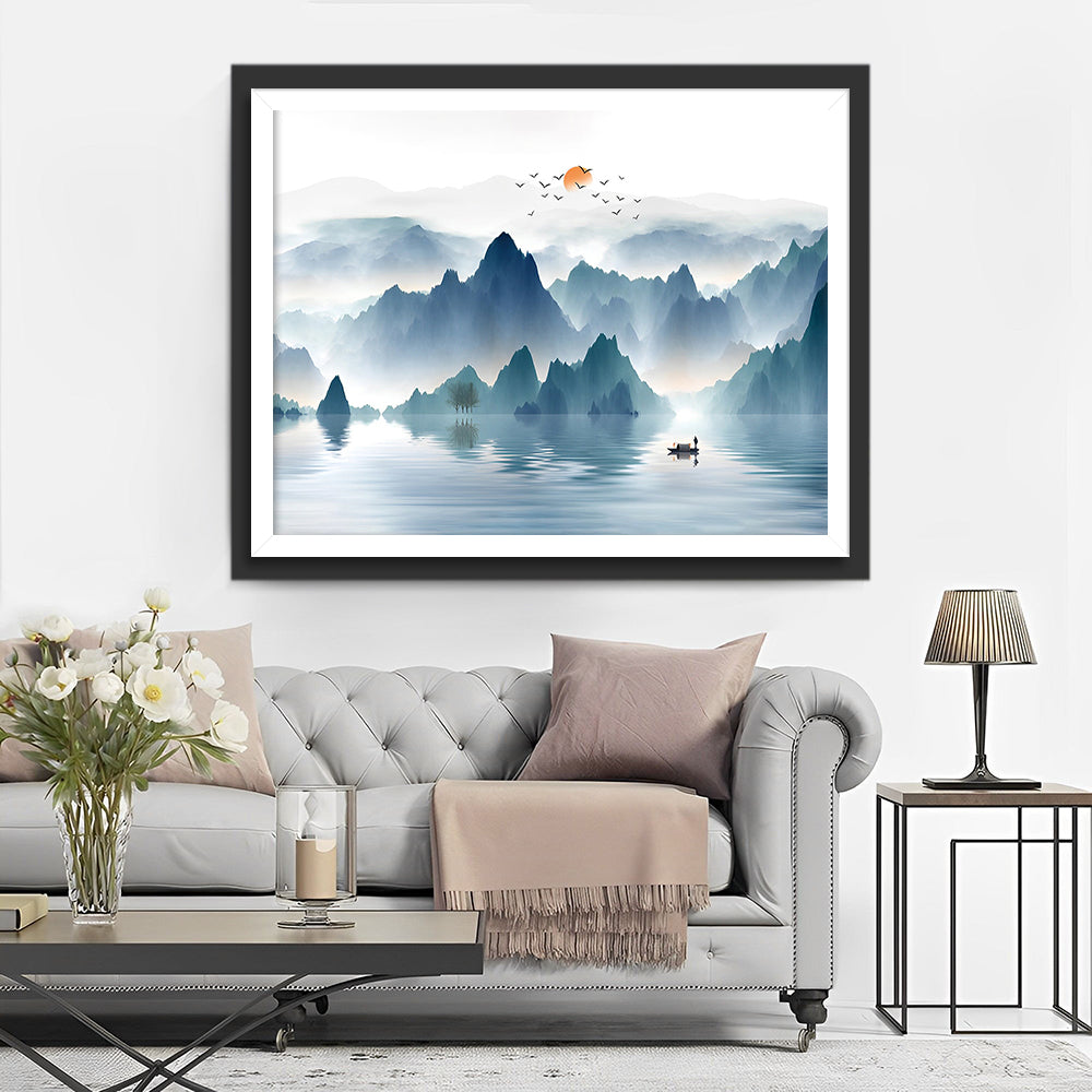 Zonsopgang Berg in Inktverfstijl Diamond Painting