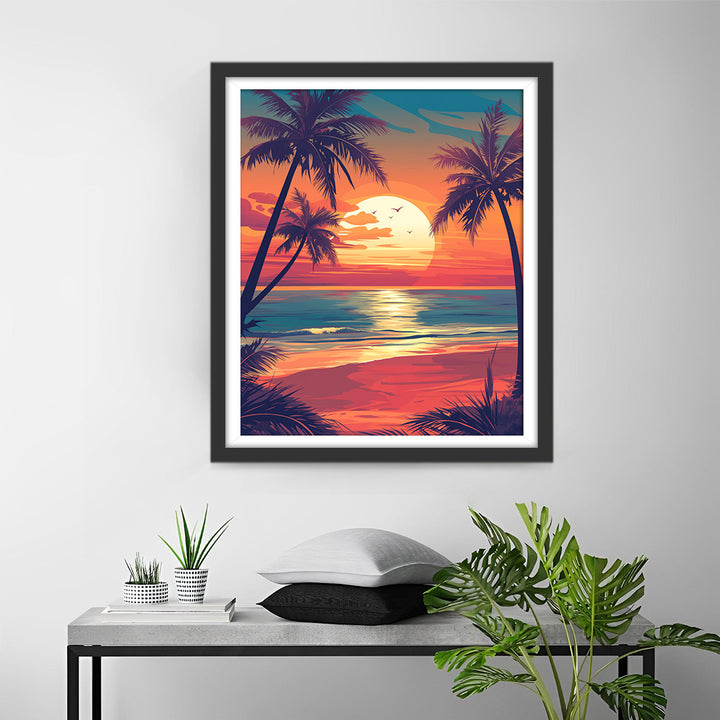 Zonsopgang boven de Zee en Palmbomen Diamond Painting