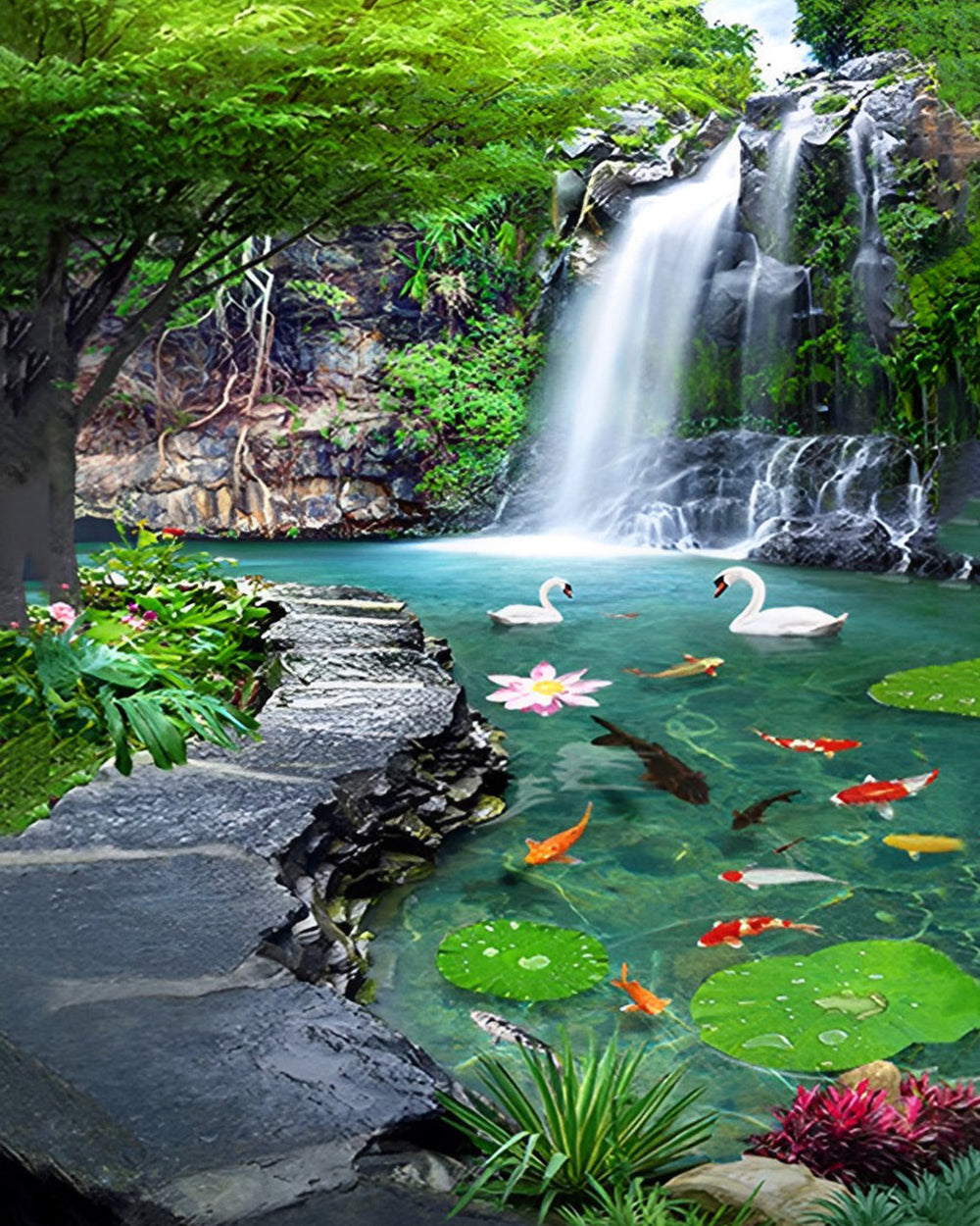 Zwanen en Koi in Vijver met Waterval Diamond Painting