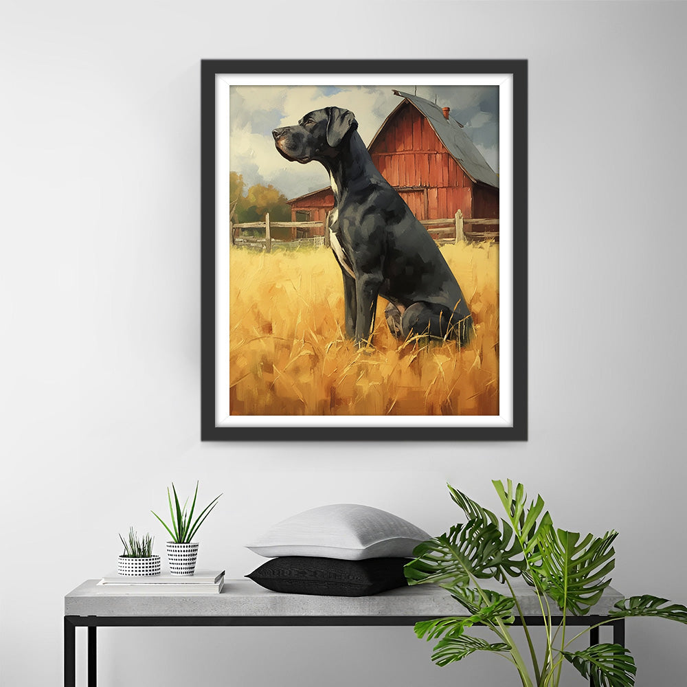 Zwarte Hond op de Herfstboerderij Diamond Painting