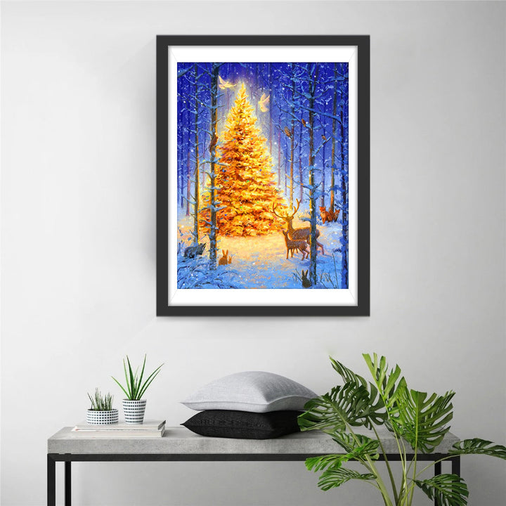 Gouden Kerstboom in Winterwoud Diamond Painting