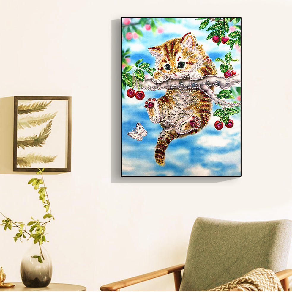 Speciaal Gevormde Strass De Kat in de Fruitboom Diamond Painting