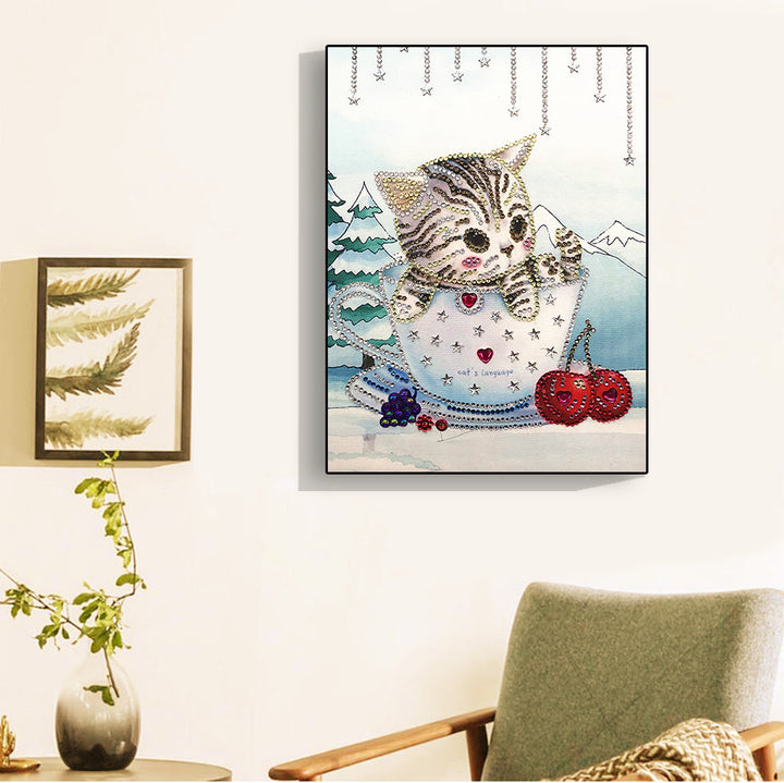 Speciaal Gevormde Strass Kat in de Beker Diamond Painting