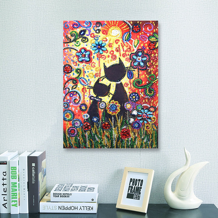 Speciaal Gevormde Zwarte Katten in Bloemen Diamond Painting