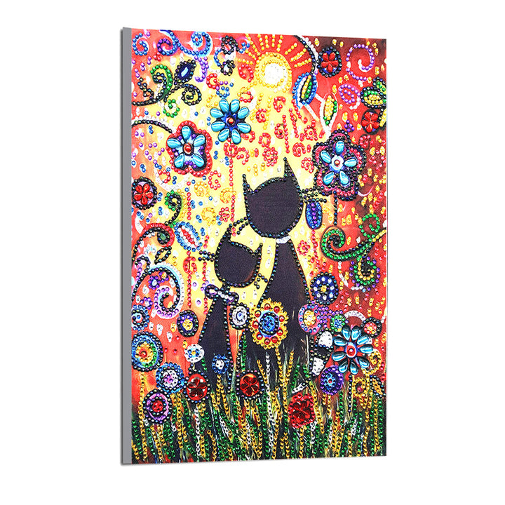 Speciaal Gevormde Zwarte Katten in Bloemen Diamond Painting