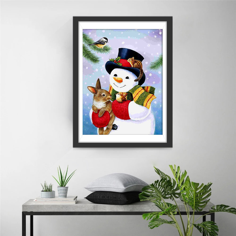 Aardige Sneeuwpop met Schattig Haasje en Piekfijne Eekhoorn Diamond Painting