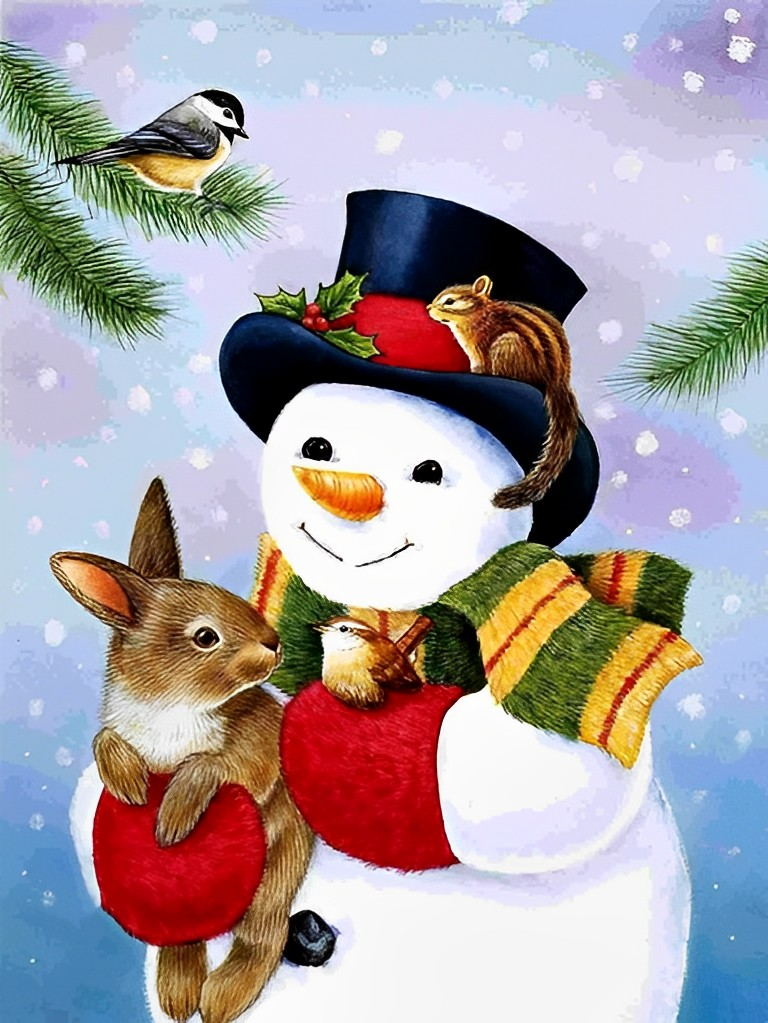 Aardige Sneeuwpop met Schattig Haasje en Piekfijne Eekhoorn Diamond Painting