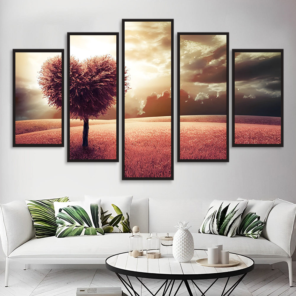 Adembenemend Rood Veld met Boom bij Schemering 5 Platen Diamond Painting