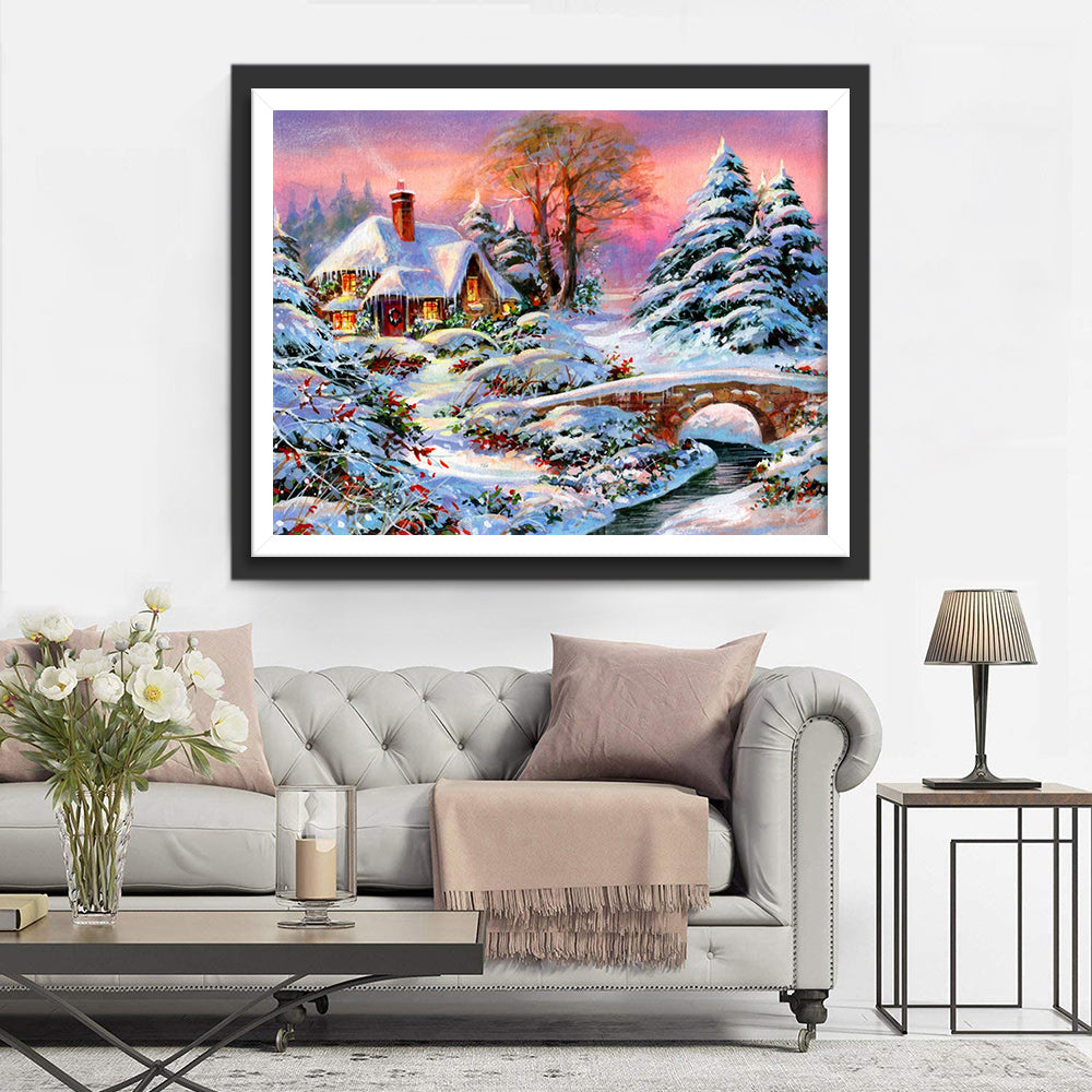 Adembenemend Wintertaferel van een Sneeuwdorp Diamond Painting