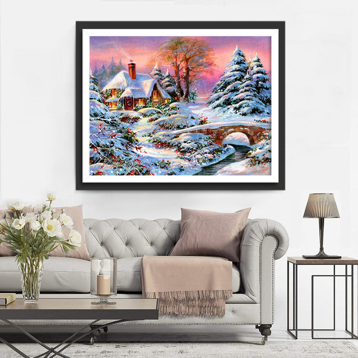 Adembenemend Wintertaferel van een Sneeuwdorp Diamond Painting