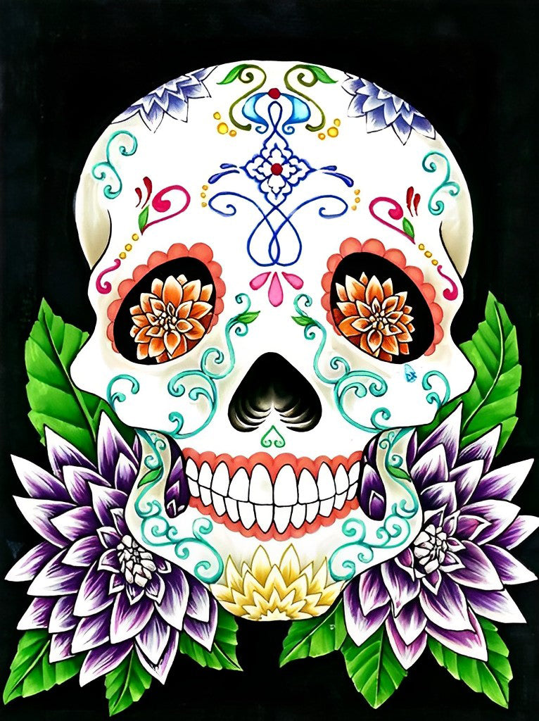 Artistiek Geëtaleerde Doodskop met Florale Elementen Diamond Painting