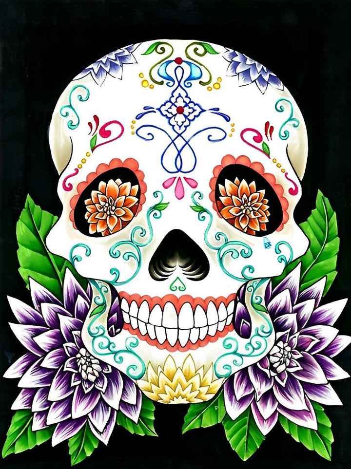 Artistiek Geëtaleerde Doodskop met Florale Elementen Diamond Painting