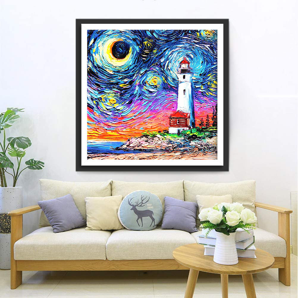 Artistieke Eerbetoon aan Sterrennacht met Vuurtoren Diamond Painting