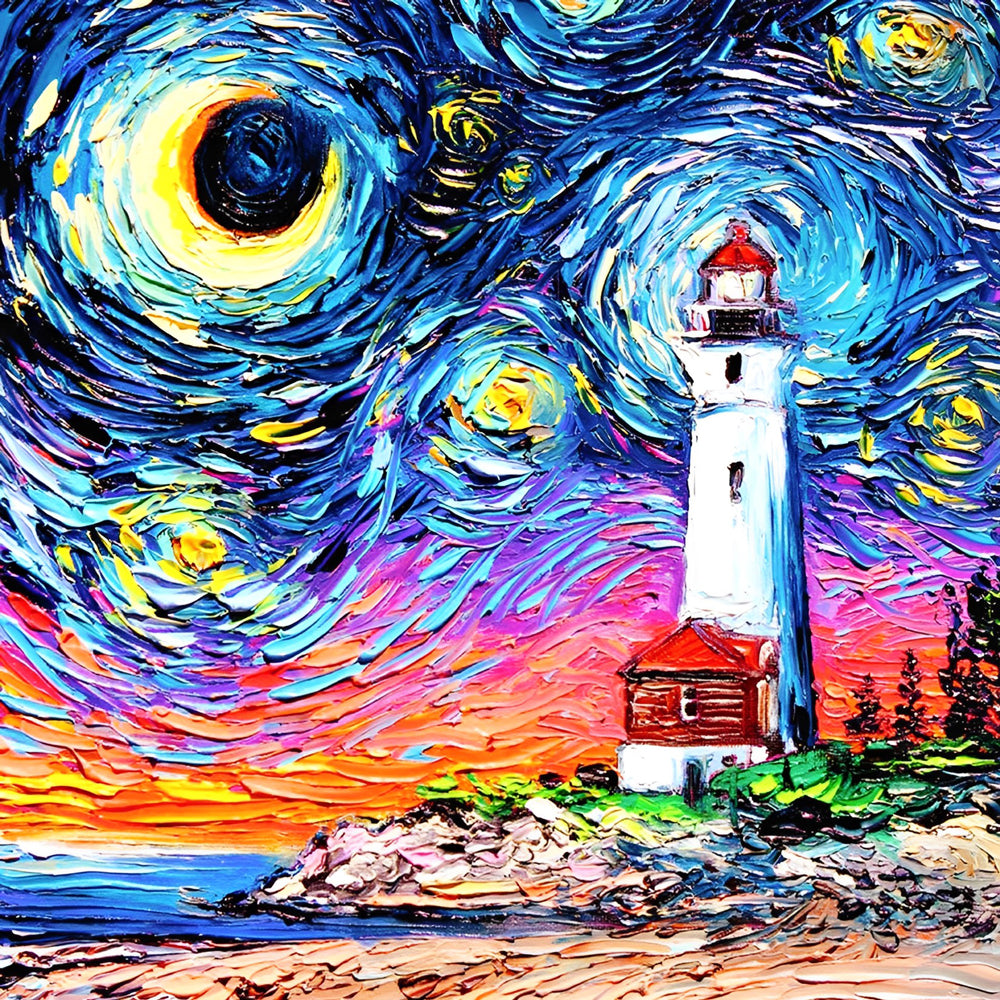 Artistieke Eerbetoon aan Sterrennacht met Vuurtoren Diamond Painting