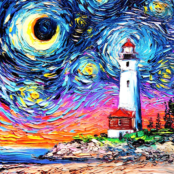 Artistieke Eerbetoon aan Sterrennacht met Vuurtoren Diamond Painting