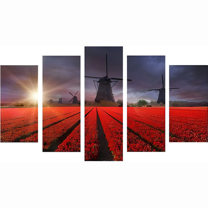 Betoverende Windmolens boven Rood Tulpenveld 5 Platen Diamond Painting