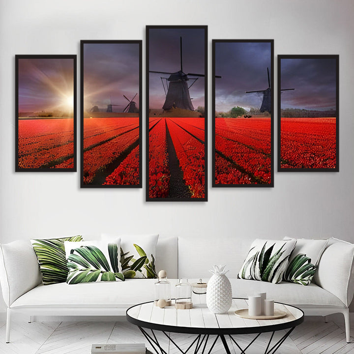 Betoverende Windmolens boven Rood Tulpenveld 5 Platen Diamond Painting