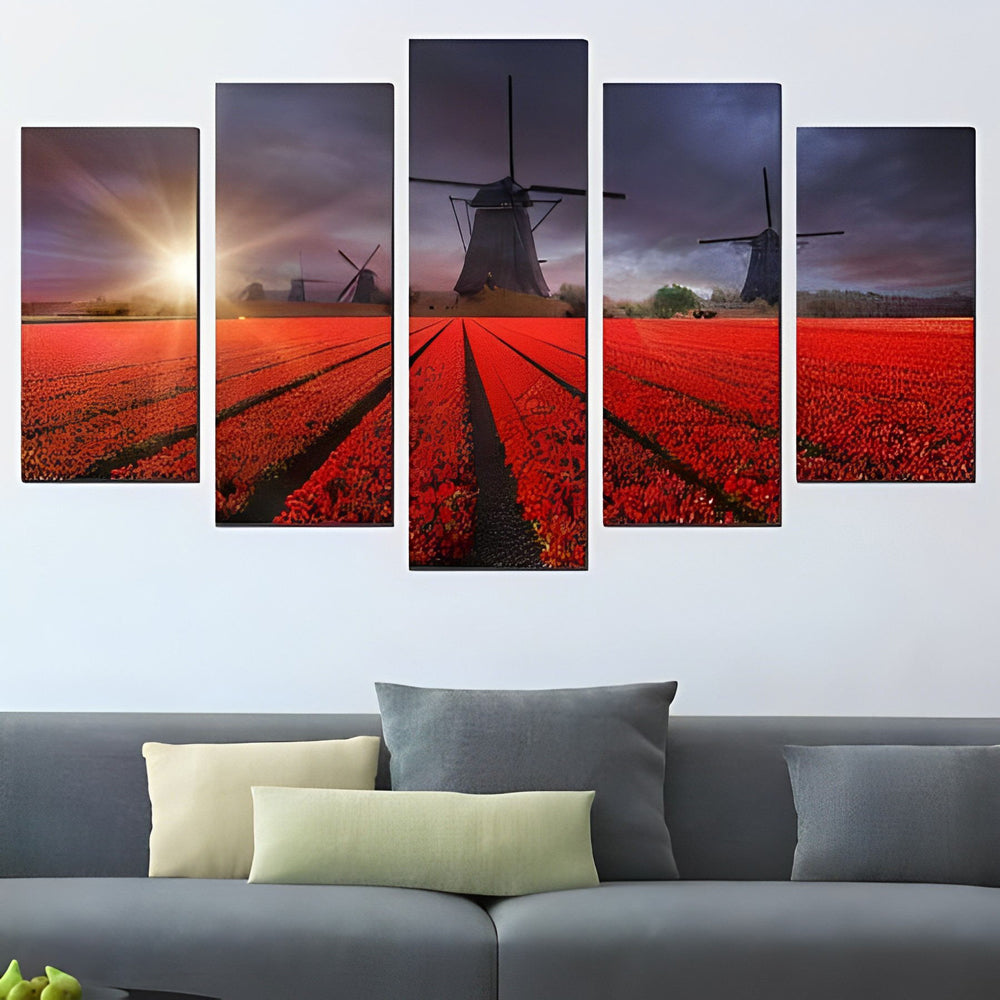 Betoverende Windmolens boven Rood Tulpenveld 5 Platen Diamond Painting