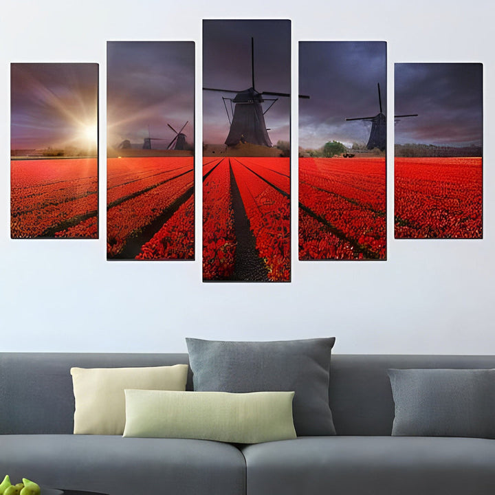 Betoverende Windmolens boven Rood Tulpenveld 5 Platen Diamond Painting