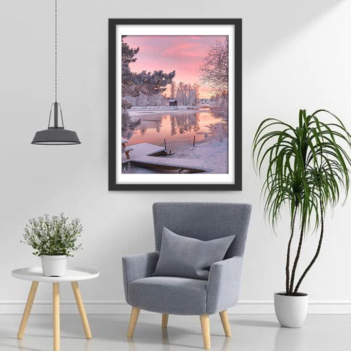 Bevroren Meer in Roze Gloed Diamond Painting