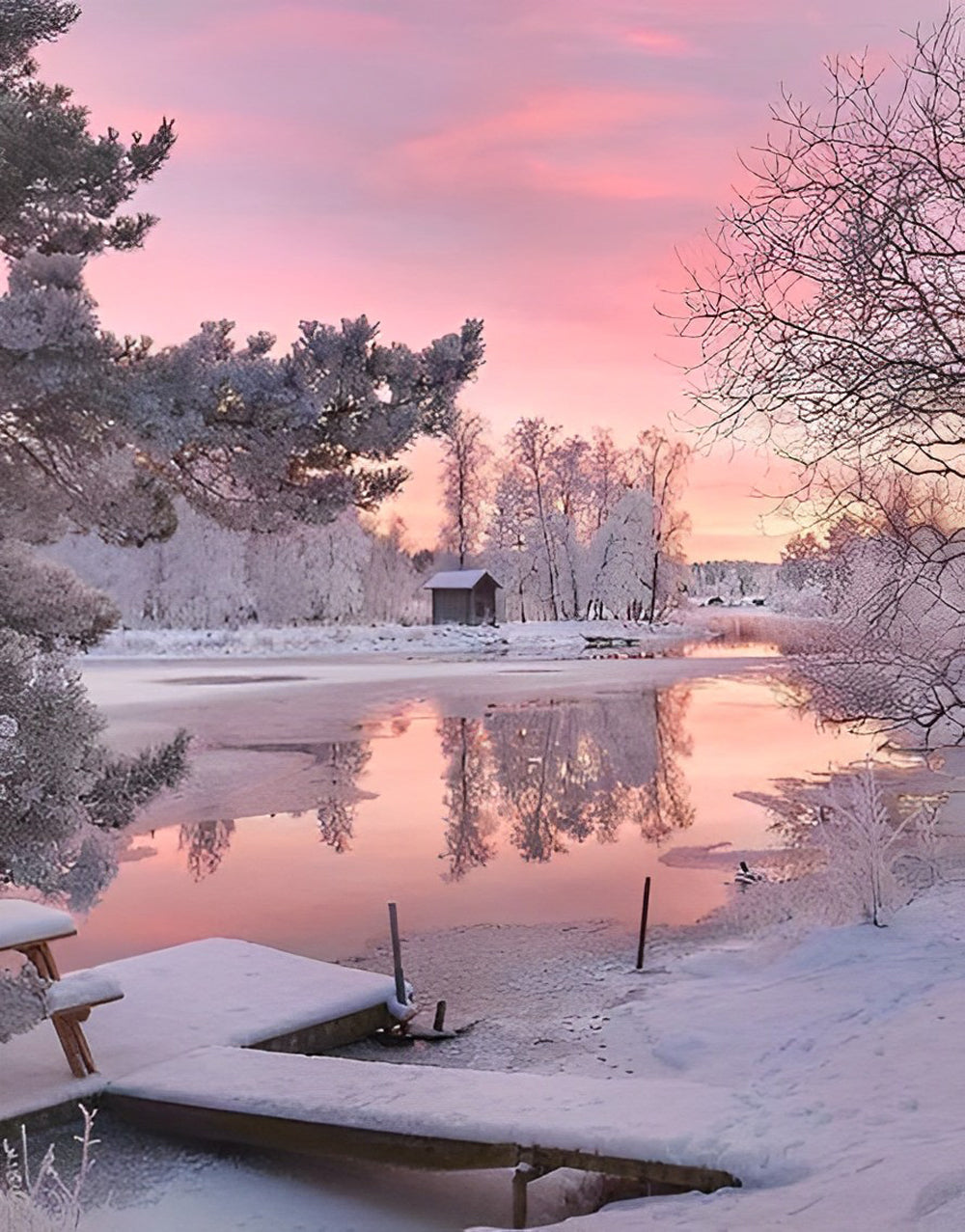 Bevroren Meer in Roze Gloed Diamond Painting