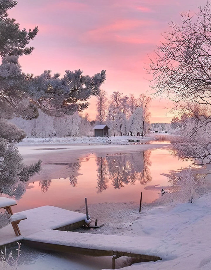 Bevroren Meer in Roze Gloed Diamond Painting