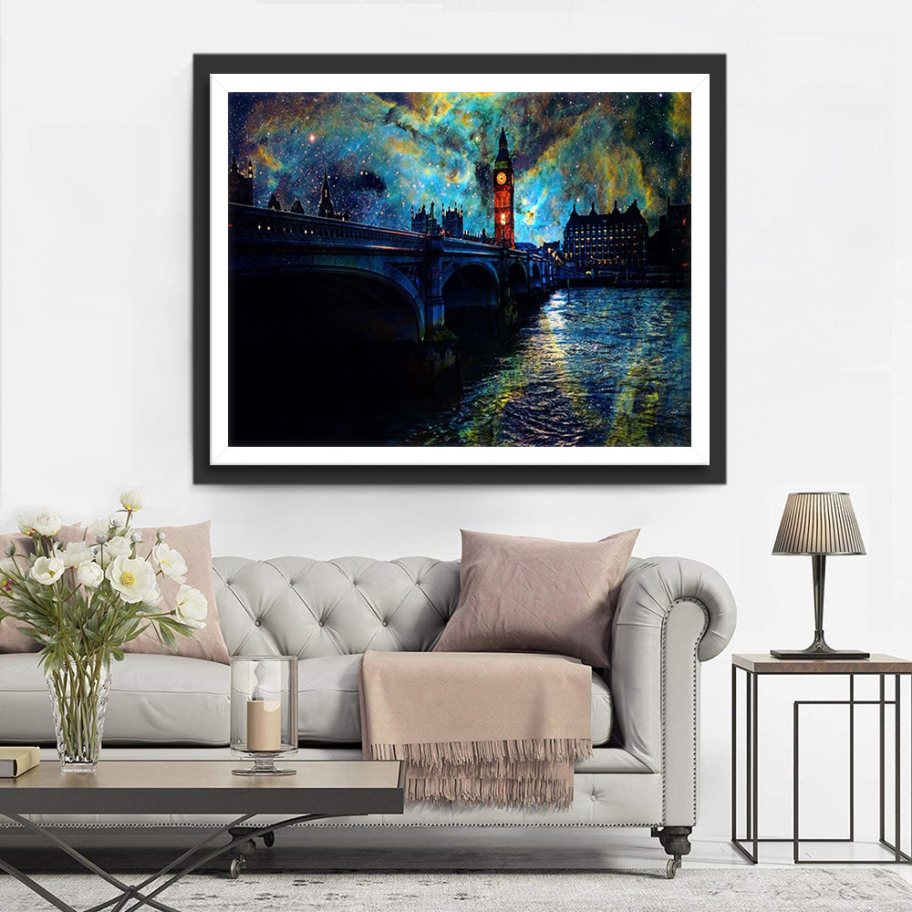Big Ben en Westminster Bridge onder een Kleurrijk Sterrendek Diamond Painting