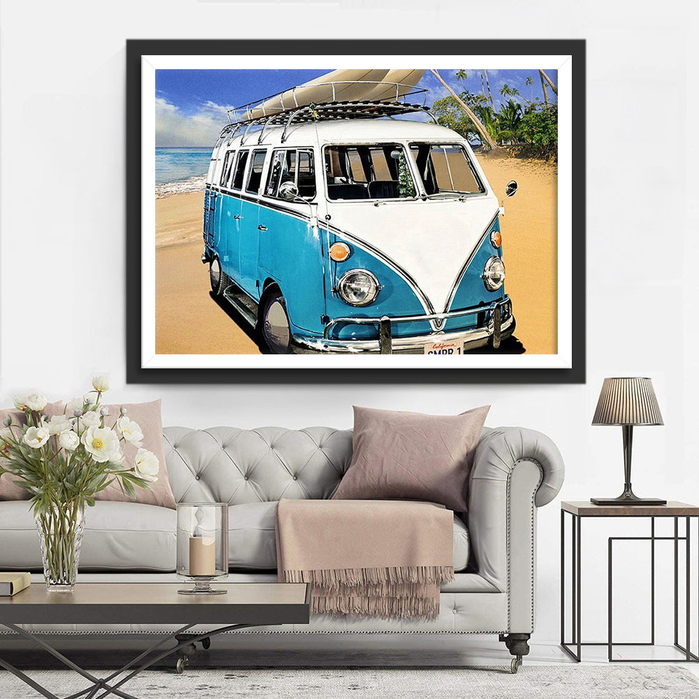 Blauw-Witte Volkswagenbus op Strandb Diamond Painting