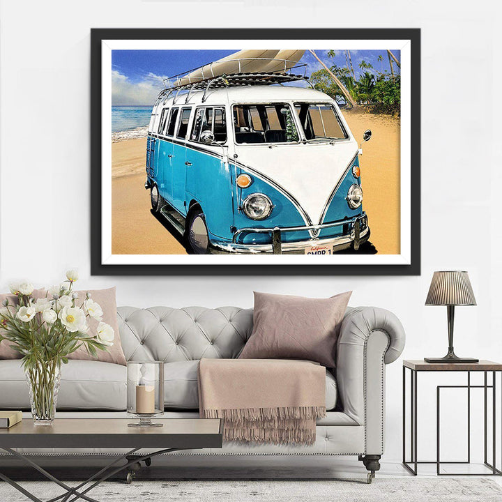 Blauw-Witte Volkswagenbus op Strandb Diamond Painting