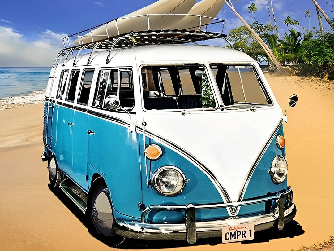Blauw-Witte Volkswagenbus op Strandb Diamond Painting