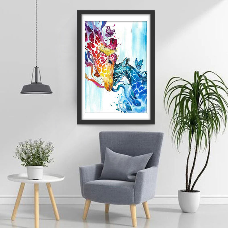 Blauwe en Rbode Giraffe en Vlinder Diamond Painting