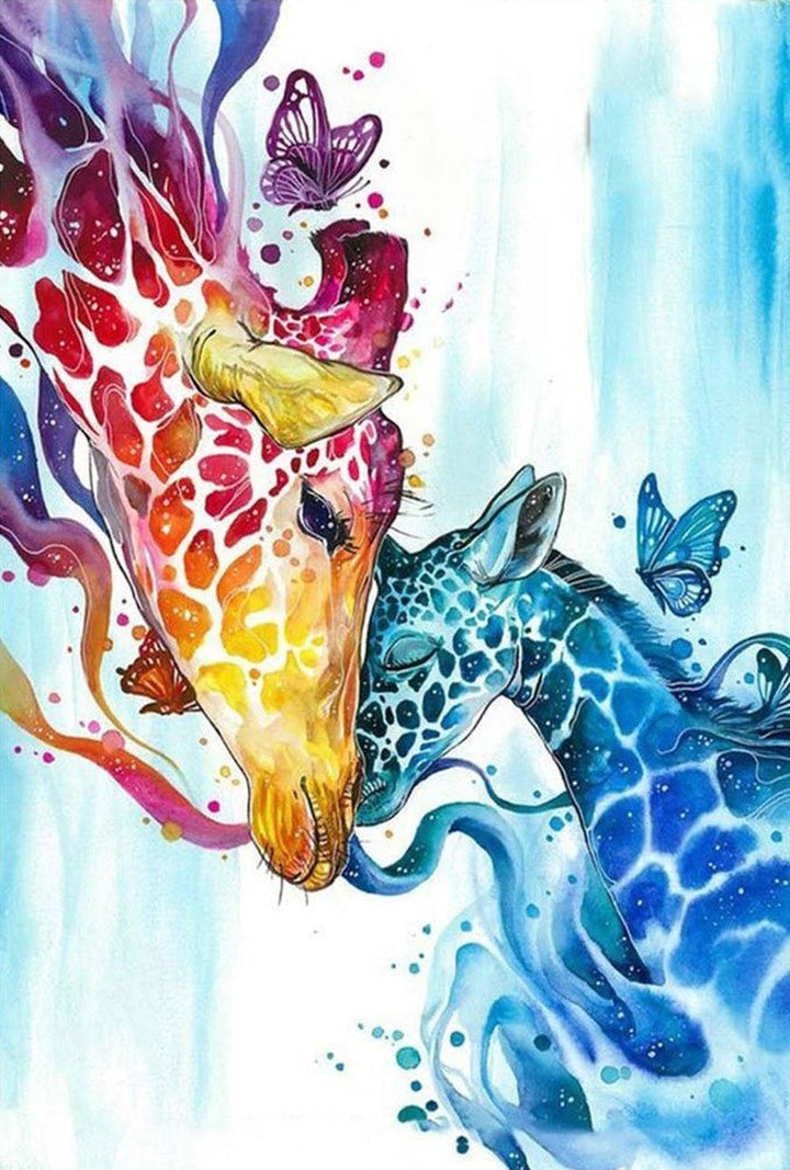 Blauwe en Rbode Giraffe en Vlinder Diamond Painting