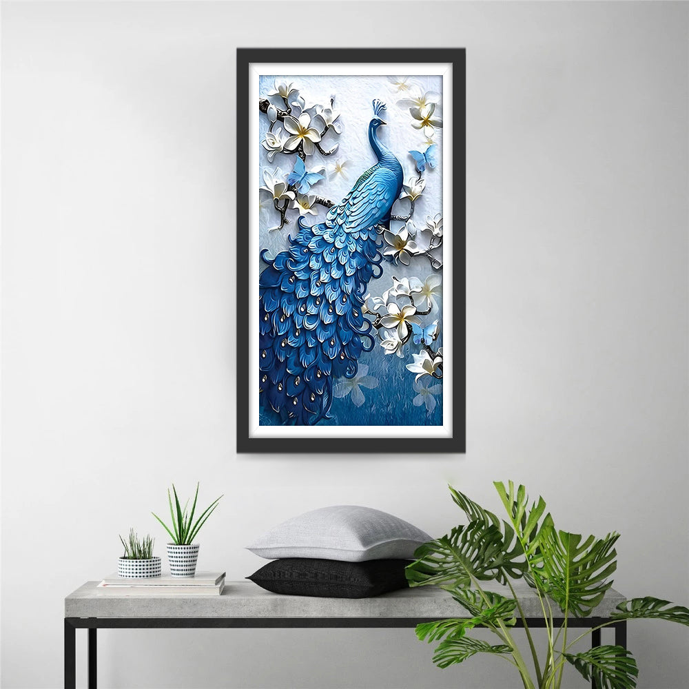 Blauwe Pauw en Witte Bloemen Diamond Painting