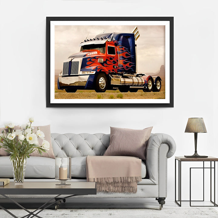 Blauwe Vrachtwagen met Vlammenversiering Op Open Vlakte Diamond Painting