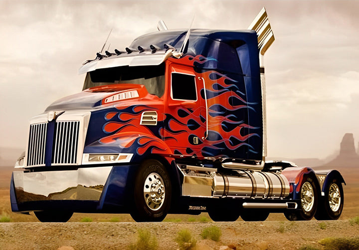 Blauwe Vrachtwagen met Vlammenversiering Op Open Vlakte Diamond Painting