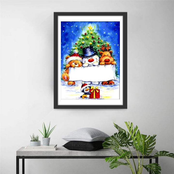 Blijde Kerstdieren met Geschenk bij de Kerstboom Diamond Painting