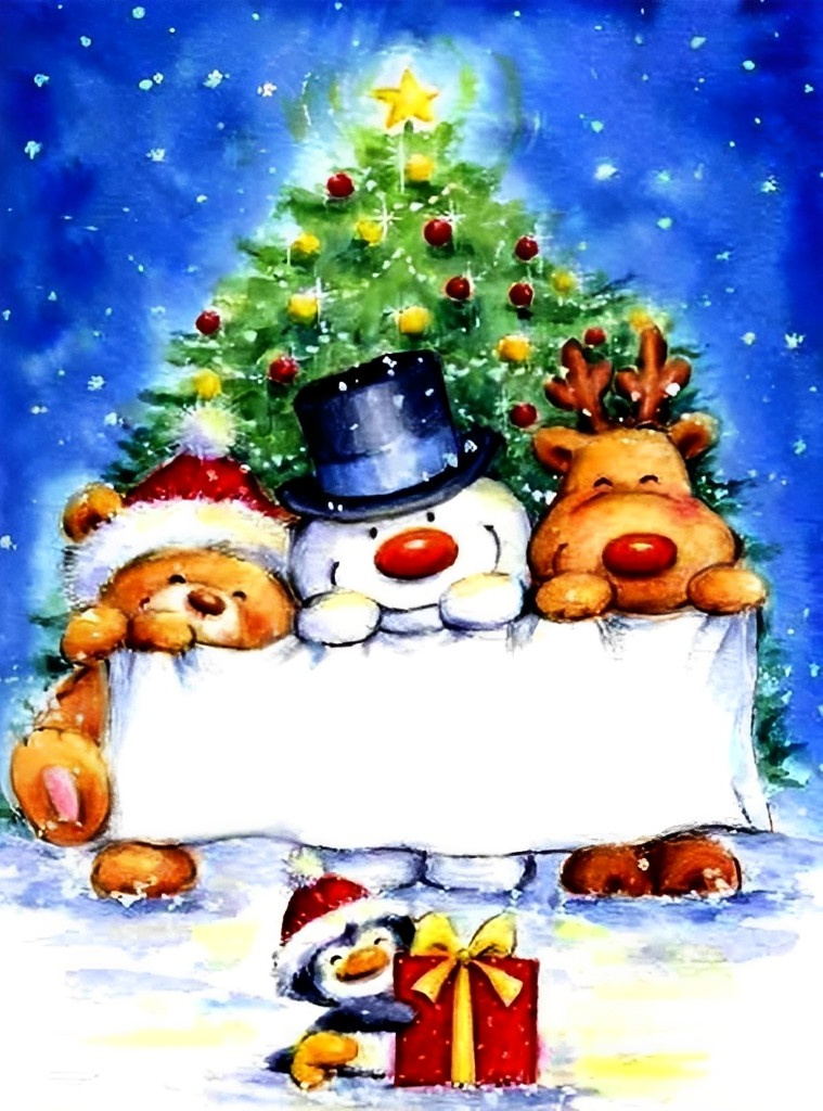 Blijde Kerstdieren met Geschenk bij de Kerstboom Diamond Painting