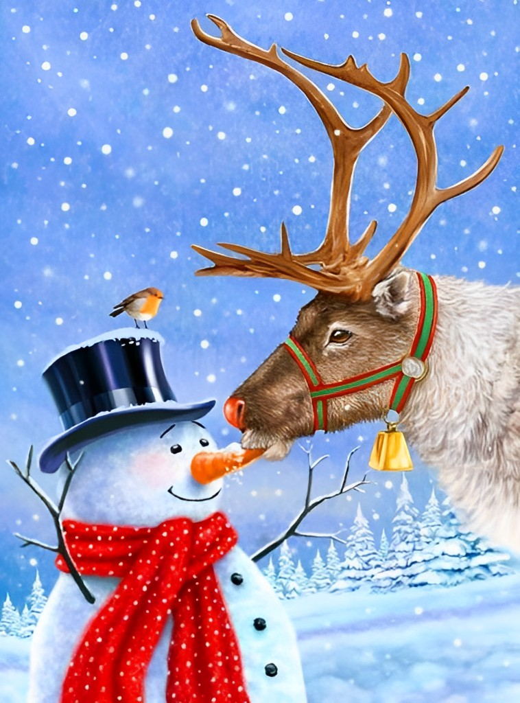 Blijde Sneeuwpop, Vogeltje, Rendier in Sneeuw Diamond Painting