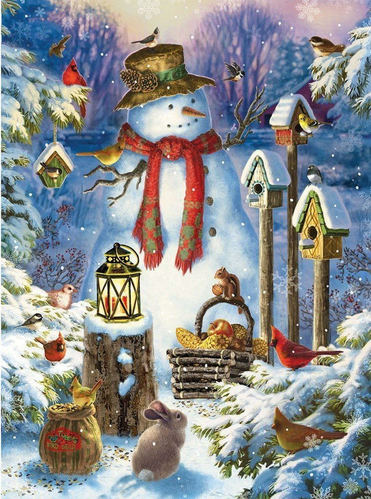 Blijde Sneeuwpop, Zingende Vogels en Konijntjes in Sneeuw Diamond Painting