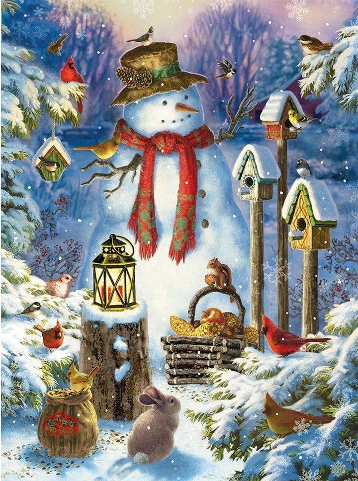 Blijde Sneeuwpop, Zingende Vogels en Konijntjes in Sneeuw Diamond Painting