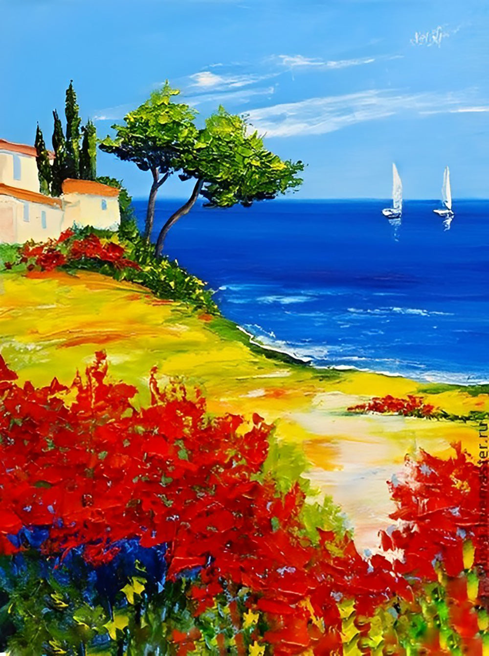 Bloemen, Kust en de Verre Zeilboten Diamond Painting