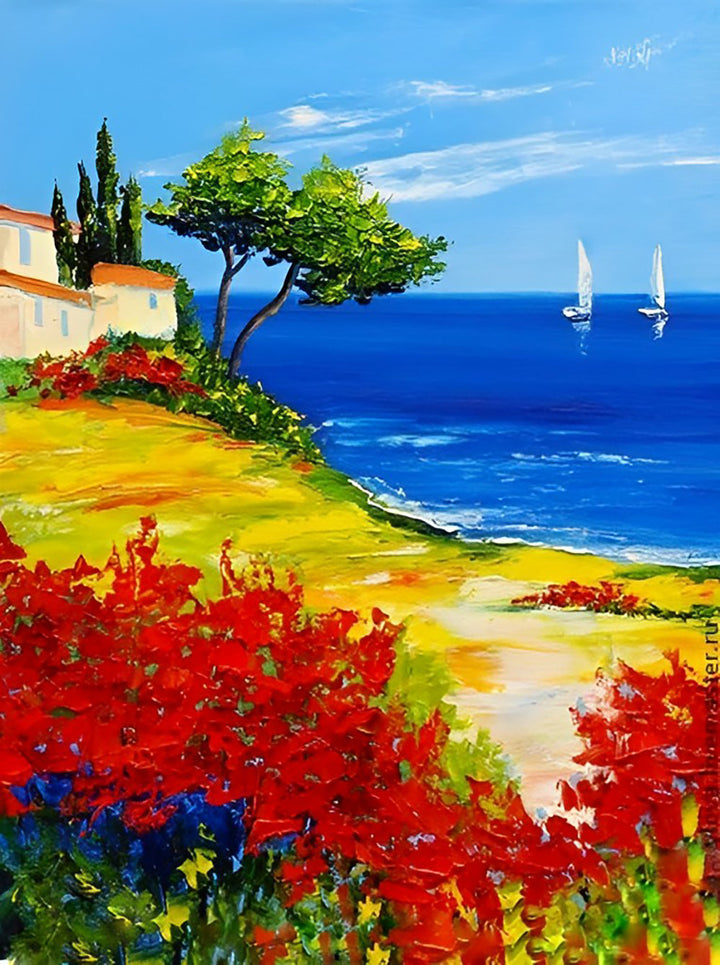 Bloemen, Kust en de Verre Zeilboten Diamond Painting