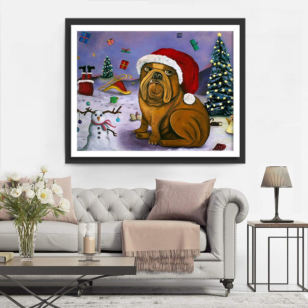 Bulldog met Kerstmuts en Sneeuwpop Diamond Painting