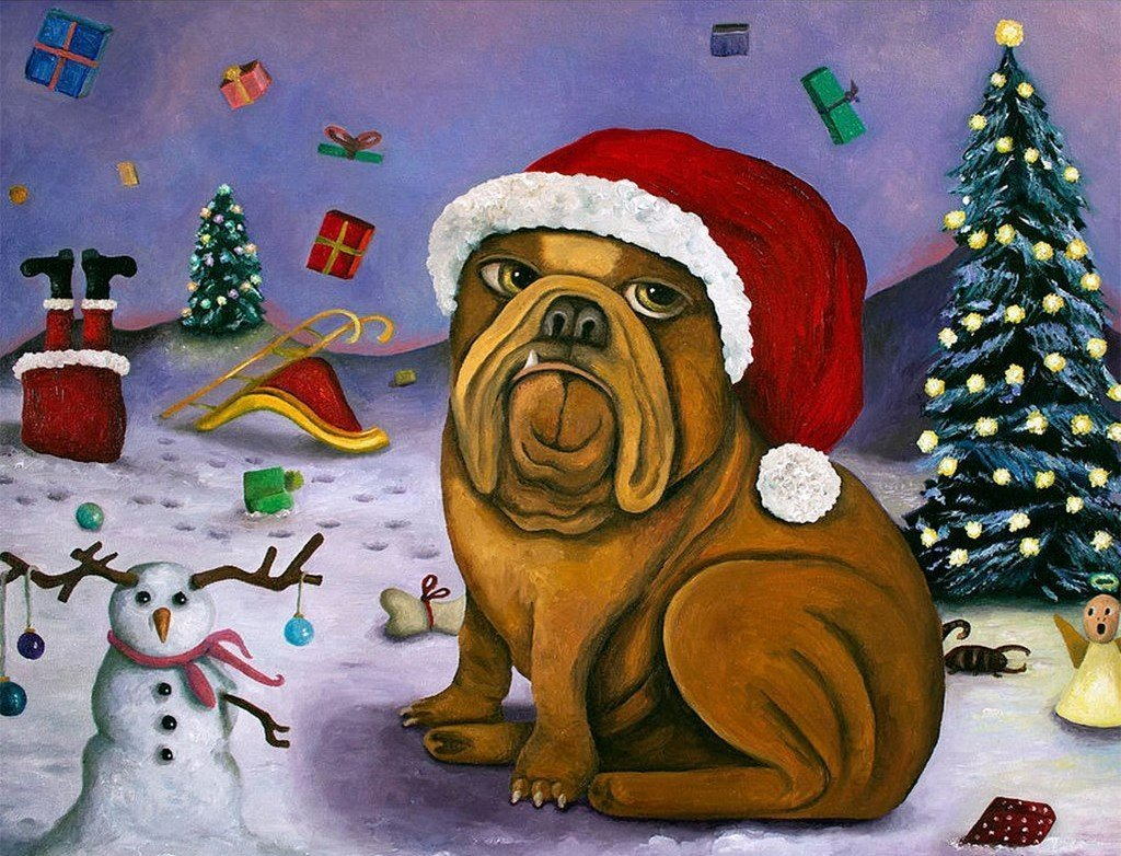 Bulldog met Kerstmuts en Sneeuwpop Diamond Painting