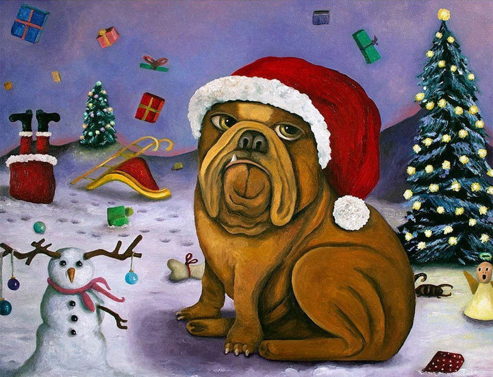 Bulldog met Kerstmuts en Sneeuwpop Diamond Painting