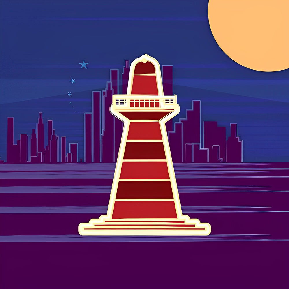 Contrast tussen Stad en Vuurtoren in de Avond Diamond Painting
