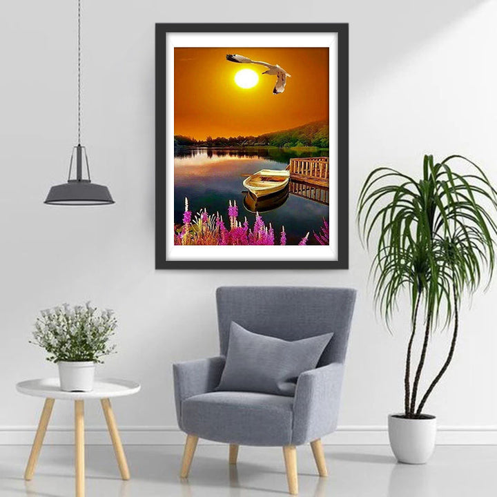 De Actieve Vogel en de Rustige Roeiboot in het Gouden Licht Diamond Painting